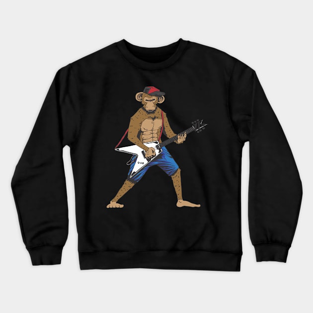 Funny Monkey Playing The Electric Guitar Musician Guitarist Crewneck Sweatshirt by ArtedPool